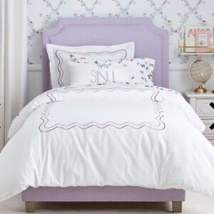 Pottery Barn Kids Twin Duvet Cover White Lavender Organic Cotton Scalloped Wavy